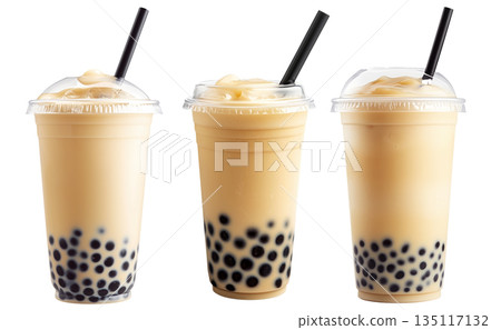 Creamy bubble milk tea with tapioca pearls in glass cup, isolated on white transparent background Creamy bubble milk tea with tapioca pearls in glass cup, isolated on white transparent background 135117132