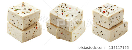 Cubes of seasoned tofu with visible herbs and spices, arranged in stack isolated on white transparent background 135117133