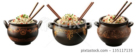 Cooked beef fried rice with peas, carrots, herbs in black clay pot, isolated on white transparent background 135117135