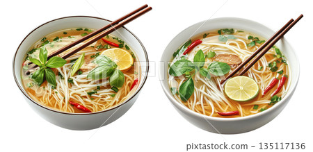 Traditional Vietnamese Pho soup with beef, rice noodles, chili, and lime isolated on white background, Asian cuisine 135117136