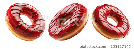 Delicious red glazed donut with chocolate drizzle and sprinkles, isolated on white transparent background 135117145