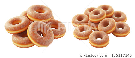 Pile of classic sugar donuts with golden brown crust isolated on white transparent background. Concept of sweet bakery 135117146
