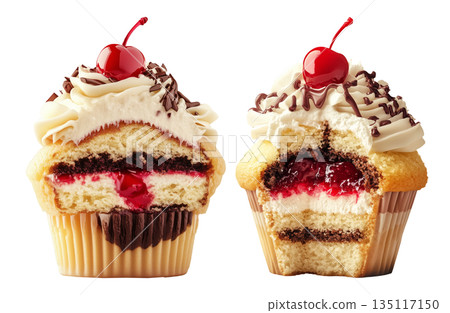 Gourmet cupcake with cream, chocolate drizzle, cherry topping, and layered cake isolated on white transparent background Gourmet cupcake with cream, chocolate drizzle, cherry topping, and layered cake isolated on white transparent background 135117150