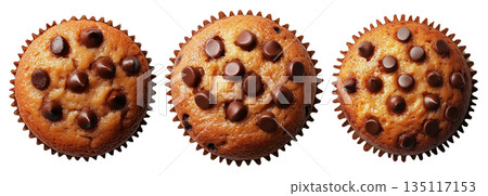 Chocolate chip muffin in paper cup, top view food, isolated on white background. Concept of sweet baked dessert 135117153