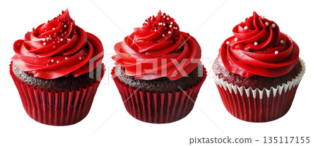 Chocolate cupcake with red swirl frosting and white sprinkles, isolated on white transparent background. 135117155