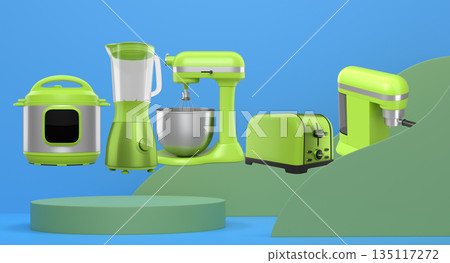Set of kitchen appliances including mixer, toaster, blender, and coffee maker on white colorful podium and background 135117272