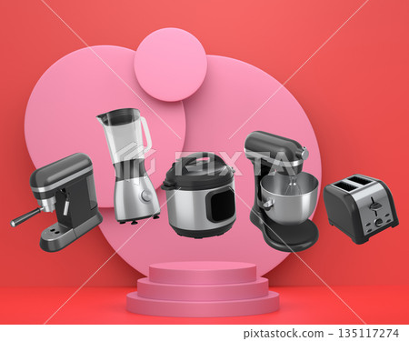 Set of kitchen appliances including mixer, toaster, blender, and coffee maker on white colorful podium and background 135117274