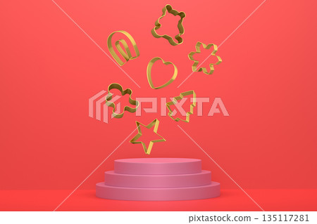 Set of cookie cutters float above podium with abstract background, symbolizing baking creativity Set of cookie cutters float above podium with abstract background, symbolizing baking creativity 135117281