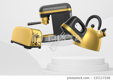 Assorted kitchen appliances including mixer, toaster, kettle and coffee maker over podium on abstract background Assorted kitchen appliances including mixer, toaster, kettle and coffee maker over podium on abstract background 135117286