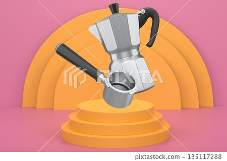 Set of moka pot and portafilter with black handles floating above pedestal and abstract minimal abstract background, 135117288