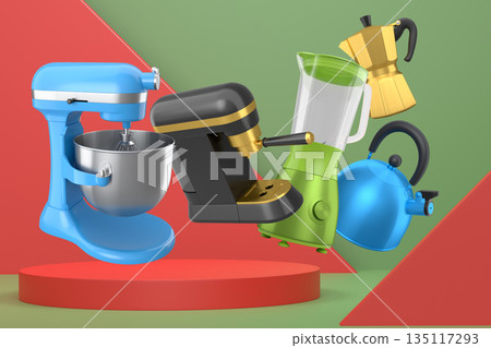 Set of kitchen appliances and utensils floating in mid-air over podium and abstract background, modern cooking concepts Set of kitchen appliances and utensils floating in mid-air over podium and abstract background, modern cooking concepts 135117293