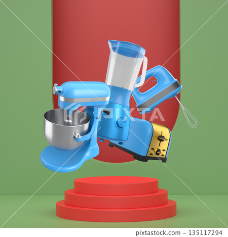 Assorted kitchen appliances including blender, toaster, kettle and coffee maker over podium on abstract background Assorted kitchen appliances including blender, toaster, kettle and coffee maker over podium on abstract background 135117294