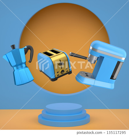 Assorted kitchen appliances including toaster, kettle and coffee maker over podium on abstract background Assorted kitchen appliances including toaster, kettle and coffee maker over podium on abstract background 135117295