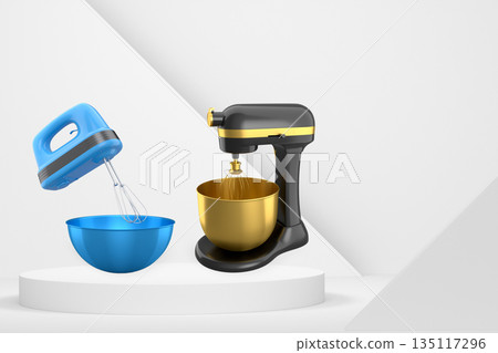 Set of kitchen appliances including blender and hand mixer, floating over podium on abstract background Set of kitchen appliances including blender and hand mixer, floating over podium on abstract background 135117296