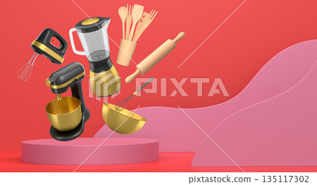 Floating kitchen tools including electric mixers, bowls, and utensils floating over podium on abstract background, baking tools Floating kitchen tools including electric mixers, bowls, and utensils floating over podium on abstract background, baking tools 135117302
