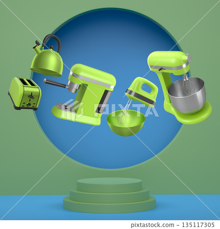 Set of kitchen appliances including mixer, toaster, kettle, and coffee maker on white colorful podium and background 135117305