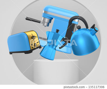 Assorted kitchen appliances including toaster, kettle and coffee maker over podium on abstract background 135117306