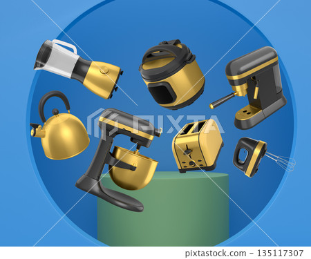 Set of kitchen appliances including mixer, toaster, blender, and coffee maker on white colorful podium and background 135117307