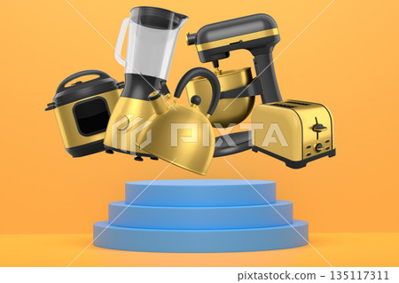 Set of kitchen appliances and utensils floating in mid-air over podium and abstract background, modern cooking concepts 135117311