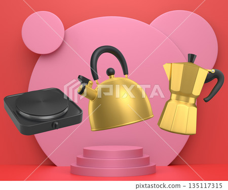 Set of kitchen appliances including kettle, stove, and coffee maker floating over podium and abstract background Set of kitchen appliances including kettle, stove, and coffee maker floating over podium and abstract background 135117315