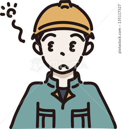 Illustration of a sleepy man wearing a helmet and work clothes, green uniform 135117327