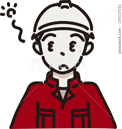Illustration of a sleepy man wearing a helmet and work clothes, red uniform 135117331