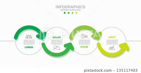 Curved arrow infographic timeline with segments and icons, for process visualization, business presentations. Vector illustration. 135117483