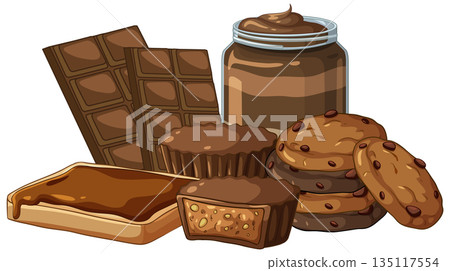 Vector Illustration of Various Chocolate Snacks Cookies and Sweet Spreads Vector Illustration of Various Chocolate Snacks Cookies and Sweet Spreads 135117554