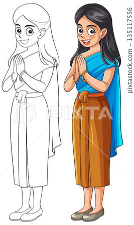 Traditional Woman Greeting in Thai Costume Vector Illustration 135117556