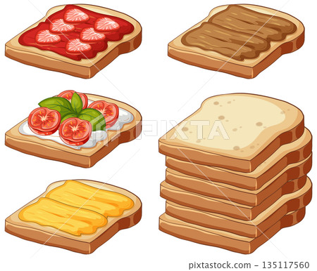 Assorted Toasted Bread Slices with Sweet and Savory Toppings Assorted Toasted Bread Slices with Sweet and Savory Toppings 135117560