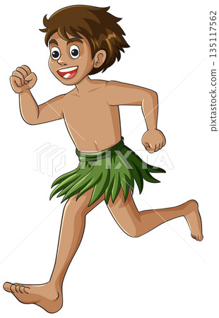 Smiling Boy Running in Grass Skirt Cartoon Style 135117562