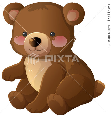 Cute Cartoon Brown Bear Cub Sitting on White Background 135117563