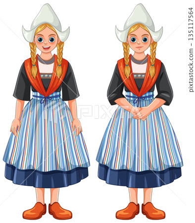 Young Girl in Traditional Dutch Costume with Braids 135117564