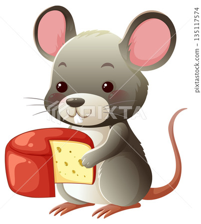 Cute Cartoon Mouse Holding Cheese Wedge 135117574