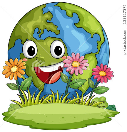 Happy Cartoon Earth with Flowers and Grass Happy Cartoon Earth with Flowers and Grass 135117575