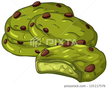 Green Tea Matcha Cookies with Chocolate Chips Vector Illustration Green Tea Matcha Cookies with Chocolate Chips Vector Illustration 135117576