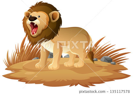 Roaring Lion Standing on Dry Grassland Illustration Roaring Lion Standing on Dry Grassland Illustration 135117578