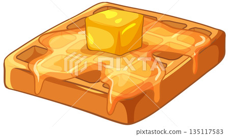 Golden Brown Belgian Waffle with Melting Butter and Maple Syrup 135117583