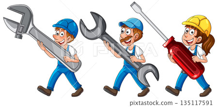 Cartoon Workers Carrying Oversized Tools in Line Cartoon Workers Carrying Oversized Tools in Line 135117591