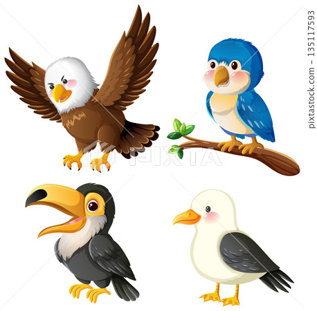 Colorful Cartoon Birds in Various Poses and Expressions Colorful Cartoon Birds in Various Poses and Expressions 135117593