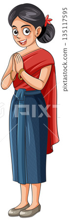 Smiling Woman in Traditional Southeast Asian Dress Greeting Smiling Woman in Traditional Southeast Asian Dress Greeting 135117595
