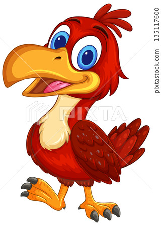 Smiling Cartoon Red Bird with Large Yellow Beak 135117600