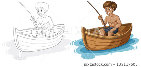 Young Man Fishing in Wooden Rowboat Cartoon Vector 135117603