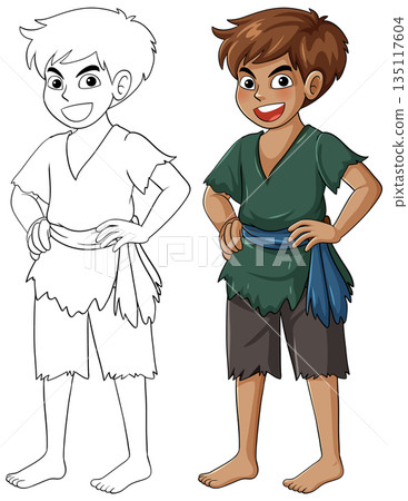 Smiling Cartoon Boy in Ragged Clothes with Colored and Outline Versions 135117604