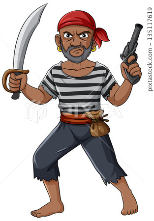 Angry Pirate Holding Sword and Pistol in Striped Shirt Angry Pirate Holding Sword and Pistol in Striped Shirt 135117619