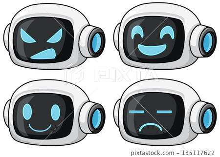 Cartoon Robot Faces Displaying Four Distinct Emotions Cartoon Robot Faces Displaying Four Distinct Emotions 135117622