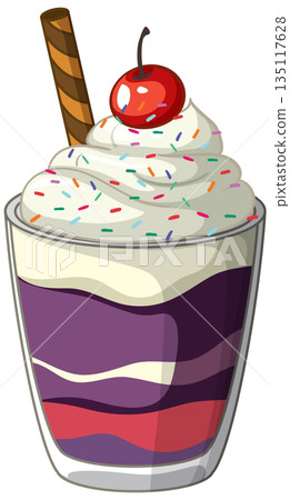 Layered Fruit Parfait Dessert with Whipped Cream and Cherry Topping 135117628