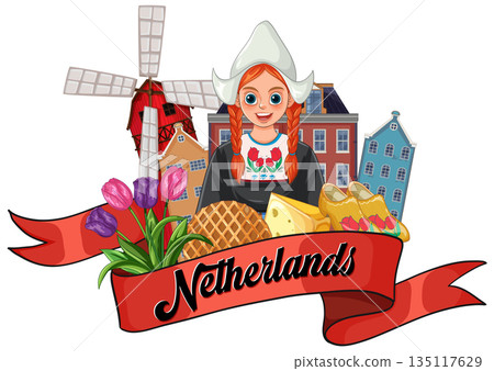 Dutch Girl With Traditional Symbols and Netherlands Landmarks 135117629
