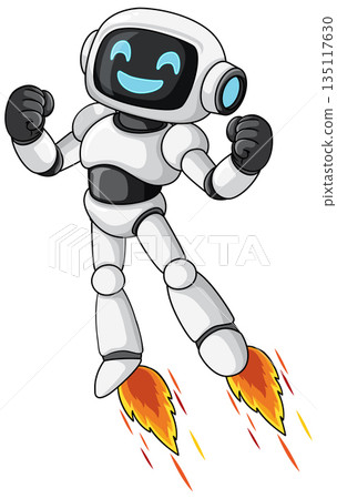 Smiling Robot Flying Upward With Jetpack Thrusters 135117630