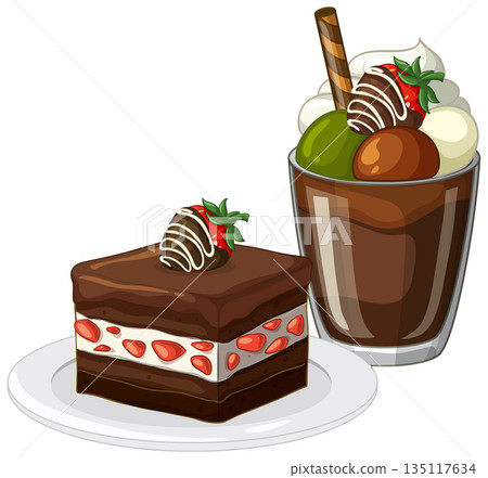 Chocolate Strawberry Layer Cake and Matcha Parfait Dessert Illustration 135117634
